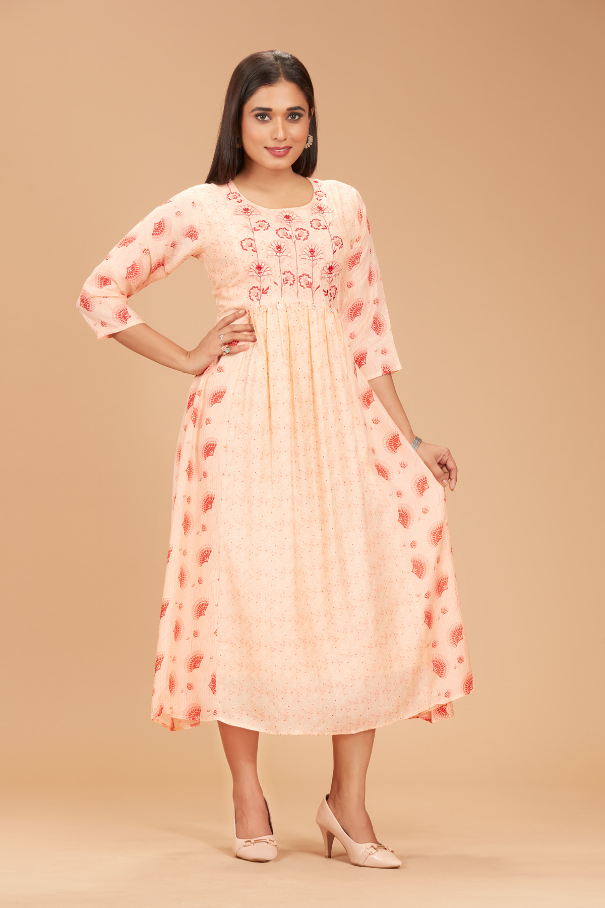 Peach Printed Flair Dress